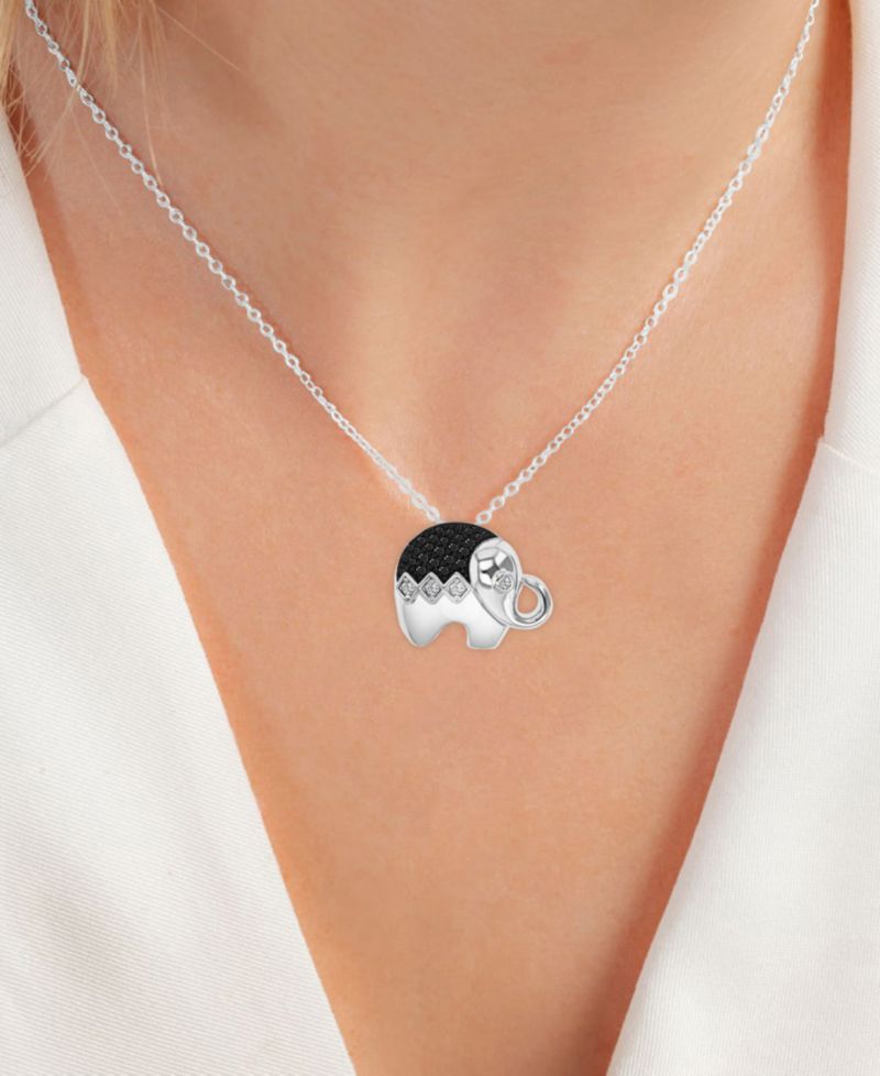Black Spinel (1/4 ct. t.w.) & Lab-Grown White Sapphire (1/8 ct. t.w.) Elephant Pendant Necklace in Sterling Silver, 16" + 2" extender