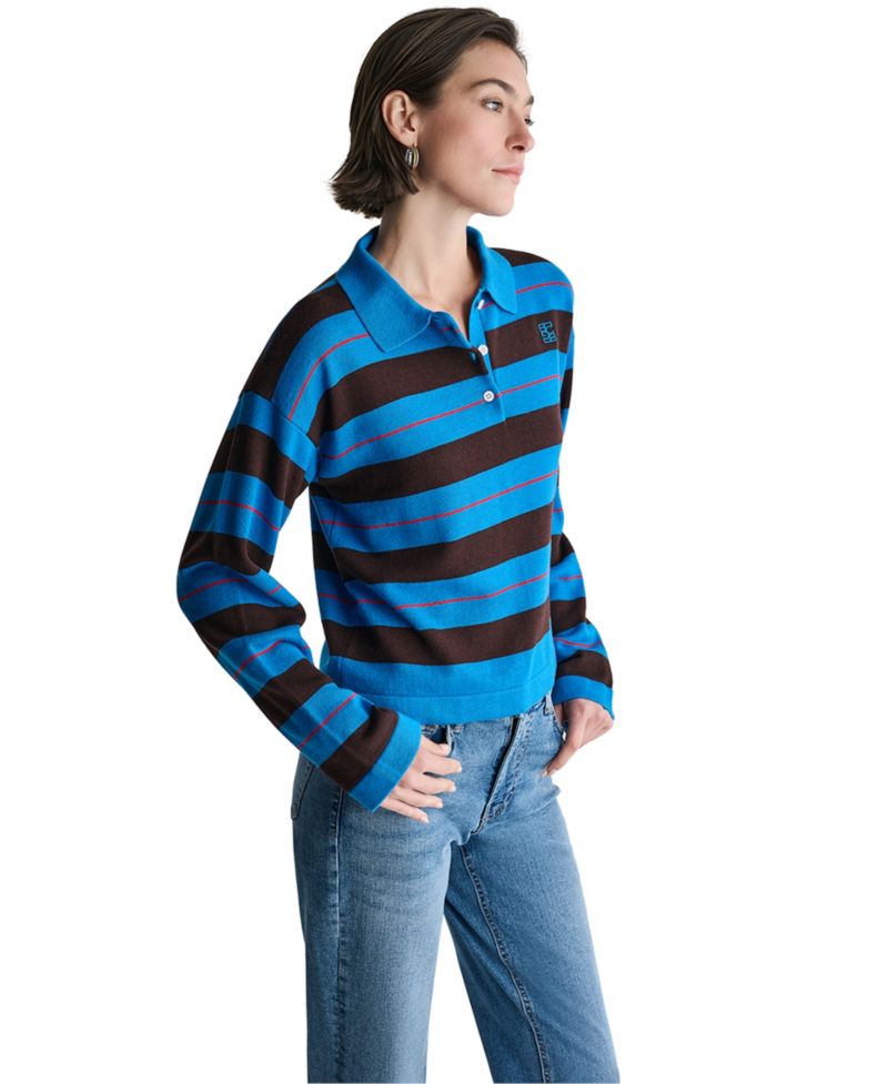 Women's Long-Sleeve Striped Rugby Polo Sweater