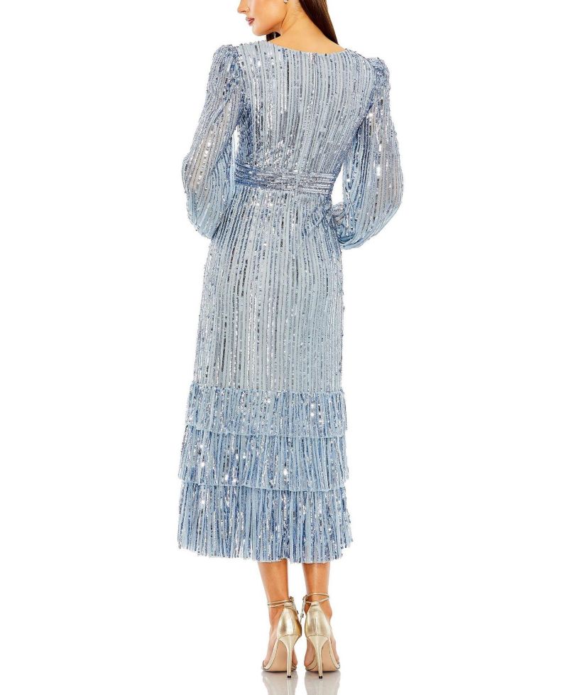 Women's Long Sleeve Deep V Tiered Ruffle Sequin Dress