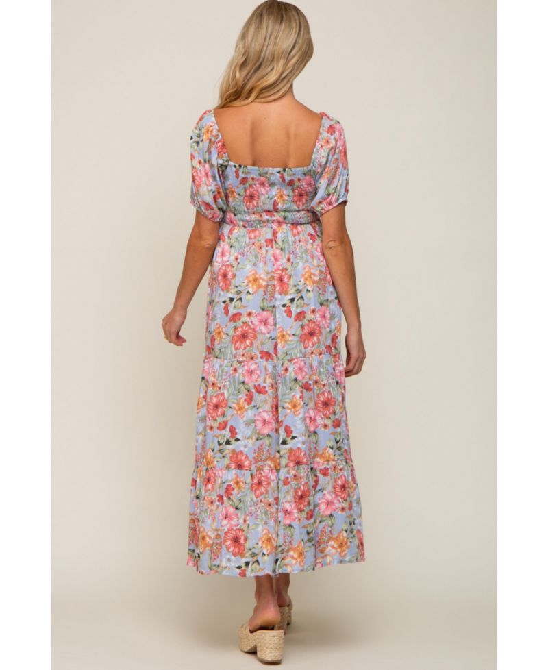 Women's Blue Floral Smocked Square Neck Tiered Maxi Dress
