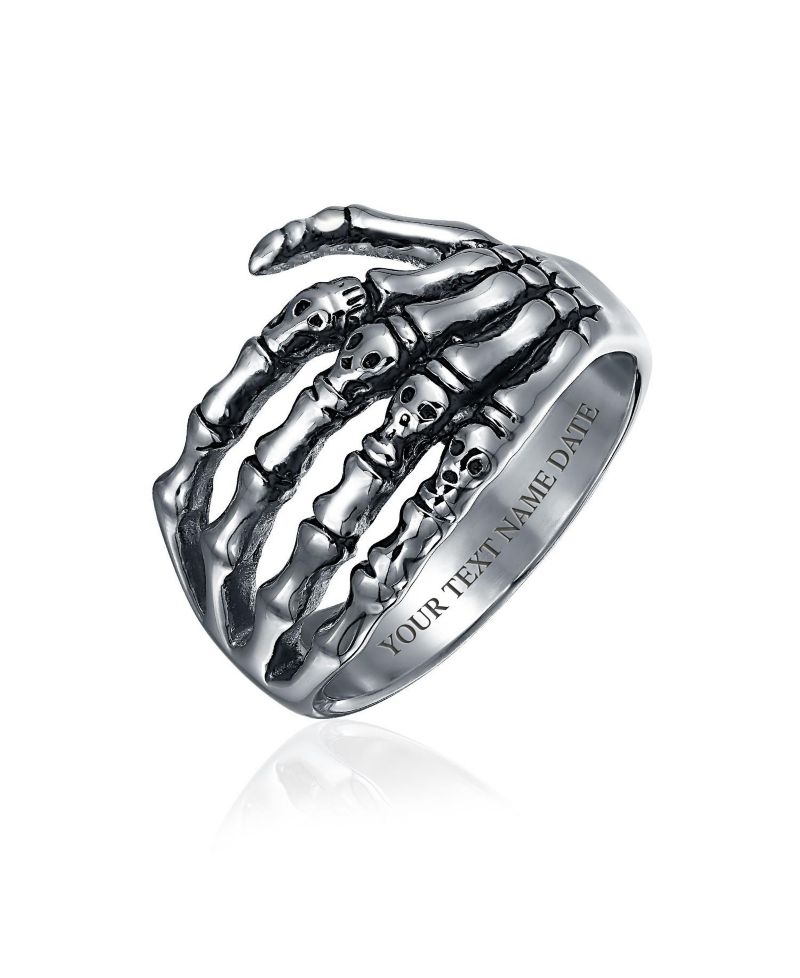 Goth Biker Skelton Hand Band Wrap Ring Silver Tone Oxidized Stainless Steel