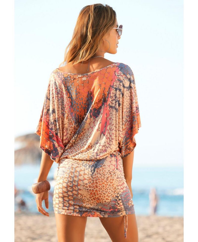 Women's Viscose Printed Ruched Drawstring Short Dress