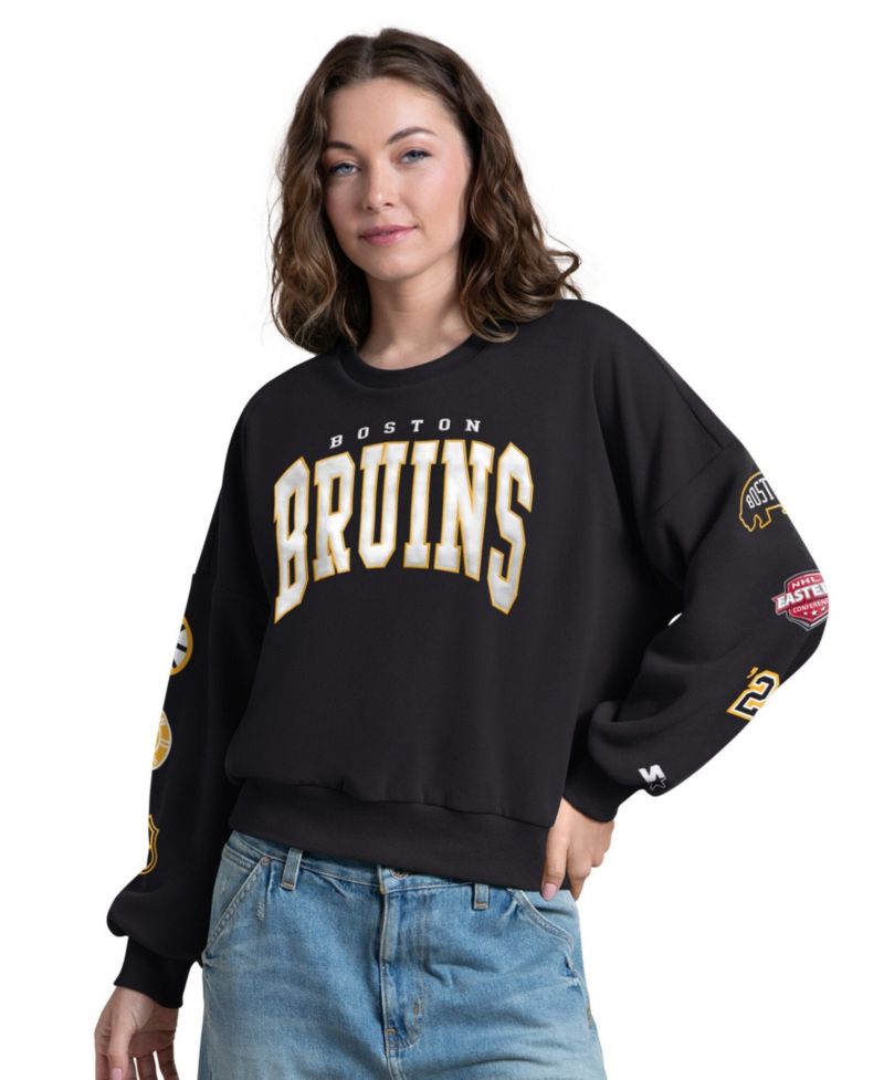 Women's Black Boston Bruins Fan Catch Applique Sleeve Print Sweatshirt