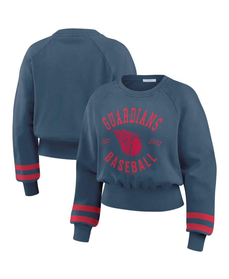Women's Navy Cleveland Guardians Vintage Washed Cropped Pullover Sweatshirt