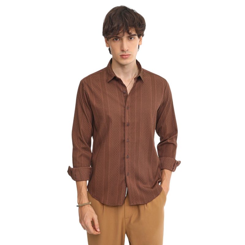 Men's Chocolate Brown Mesh-Textured Knit Shirt