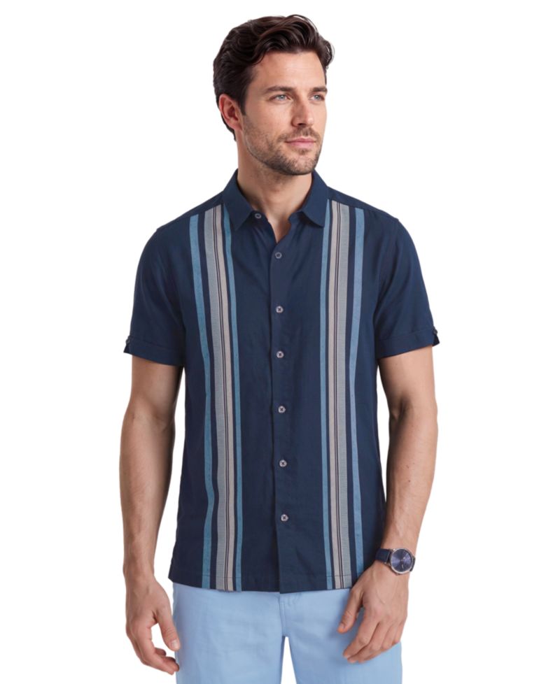 Men's Vertical Panel Dobby Linen-Blend Short-Sleeve Button-Down Shirt