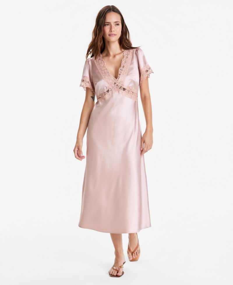 Women's Satin Lace-Trim Midi Dress