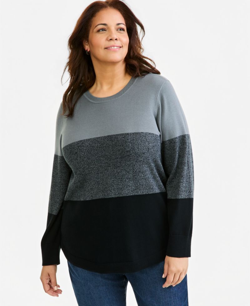 Petite Cotton Colorblocked Curved-Hem Sweater