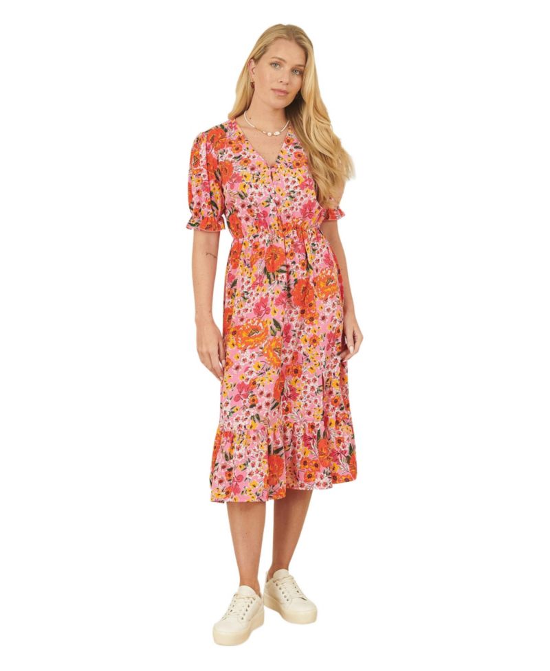 Women's Short Sleeve V-Neck Printed Midi Dress
