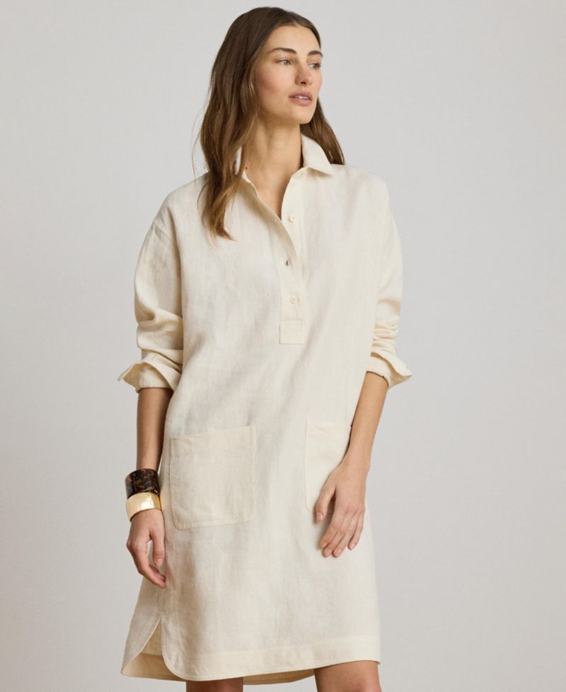 Women's Linen Spread Collar Long-Sleeve Shirt-Dress