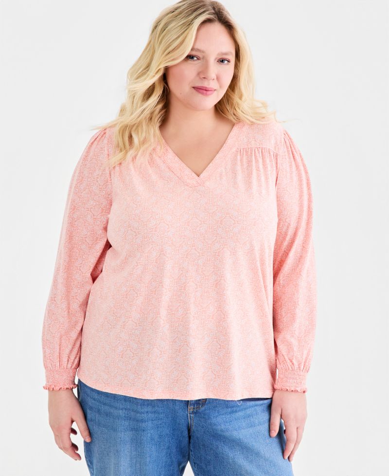 Plus Size Printed Smocked-Cuff Long-Sleeve V-Neck Top