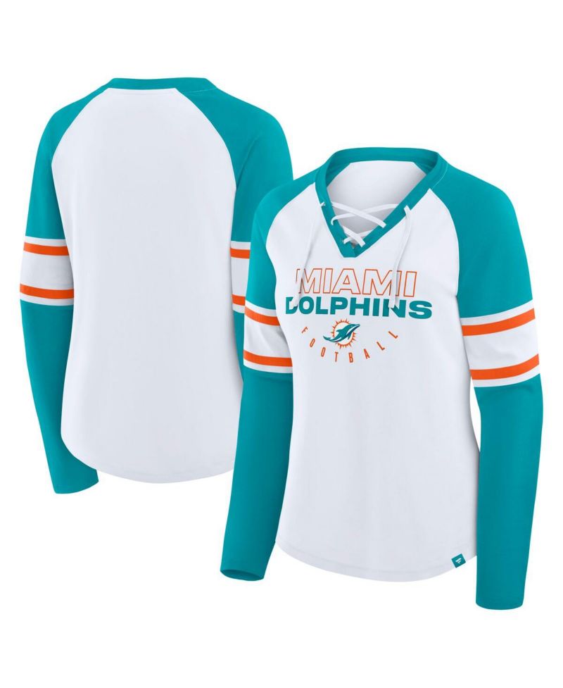 Women's White/Aqua Miami Dolphins Redzone Blitz Package Raglan Lace-Up V-Neck Long Sleeve T-Shirt