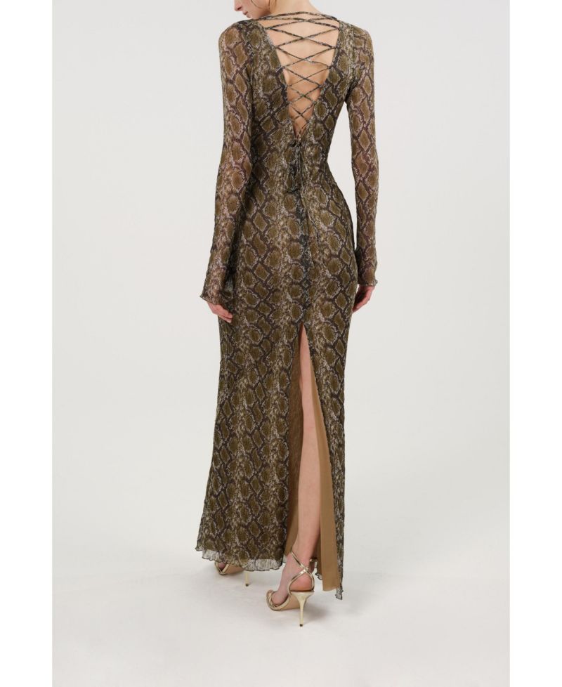 Women's Snake Print Ring Detail Long Sleeve Maxi Dress