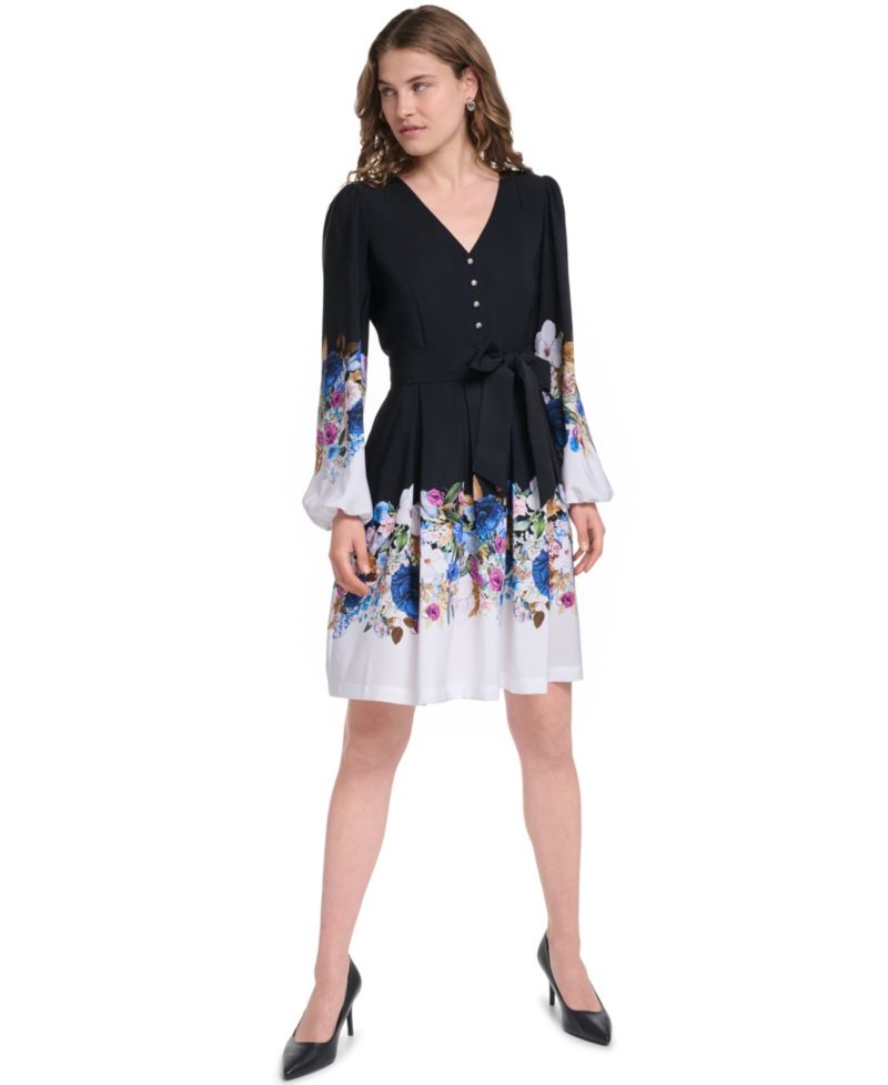 Women's Floral Long-Sleeve Self-Tie Button-Front Dress