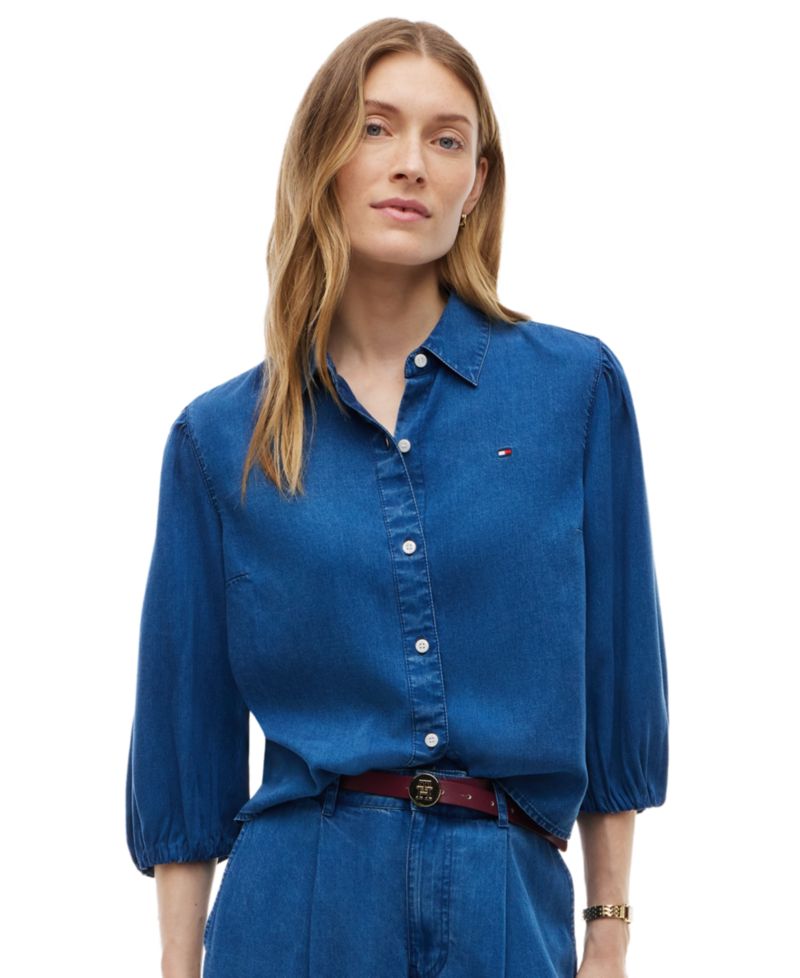 Women's Chambray Puff-Sleeve Button-Front Shirt