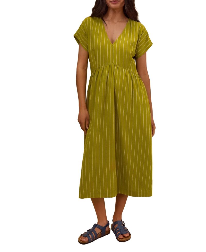 Women's V-Neck Gathered-Waist Striped Midi Dress
