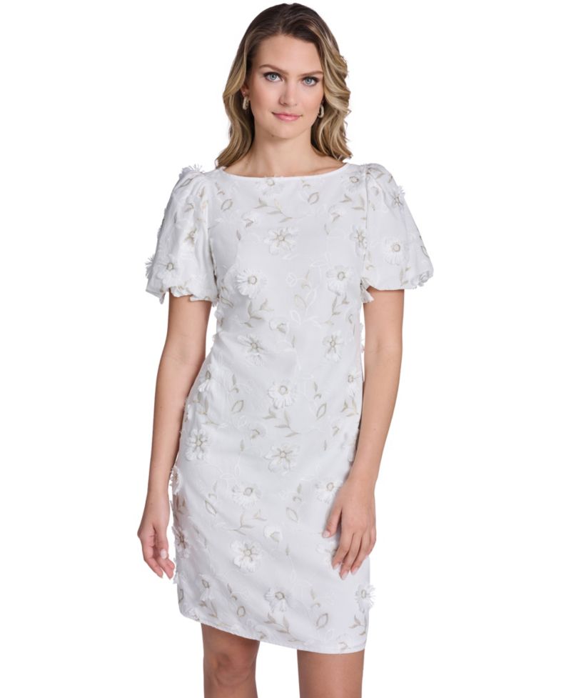 Petite Bubble-Sleeve Boat Neck Sheath Dress