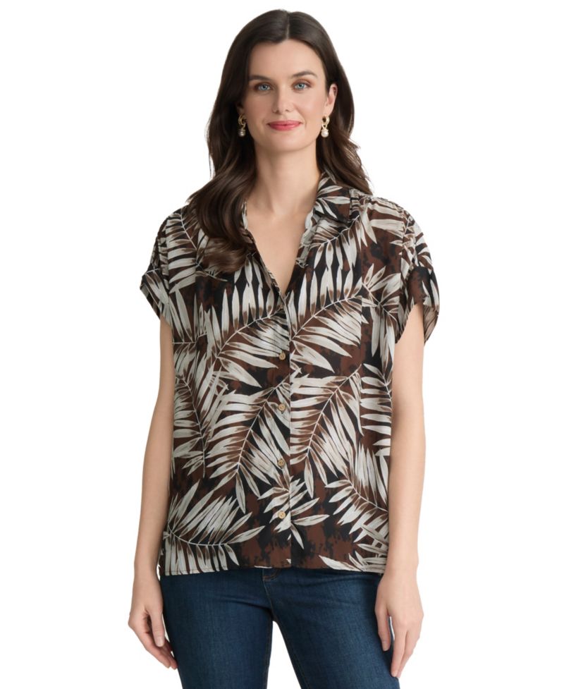 Petite Palm Print Collared Neck Shirt