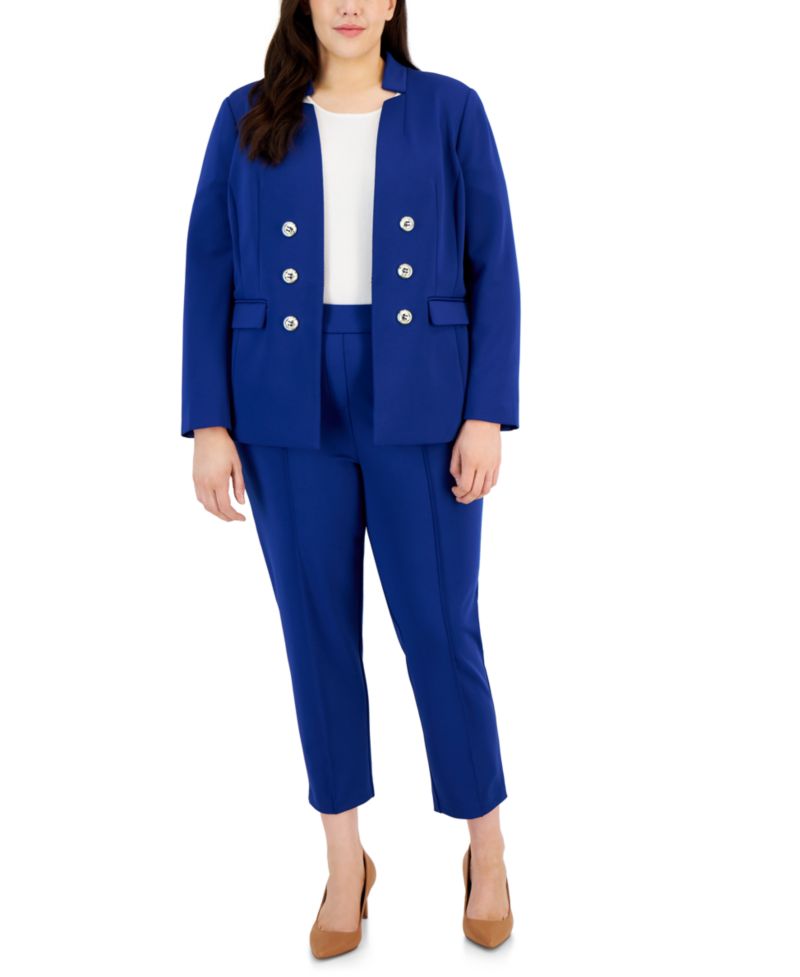 Plus Size Ponte Faux Double-Breasted Blazer, Sweater T-Shirt, & Ponte Front-Seamed Pants