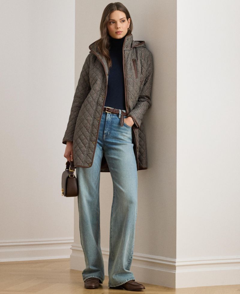 Petite Hooded Quilted Faux-Suede-Trim Coat