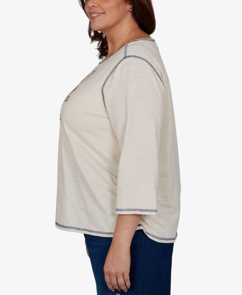 Plus Size 3/4-Sleeve Sunflower-Graphic Cotton-Polyester Blend T-Shirt