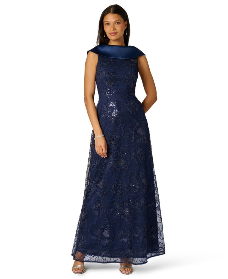 Women's Embroidered Boat Neck Gown