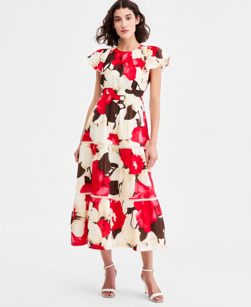 Petite Flutter-Sleeve Tiered Dress