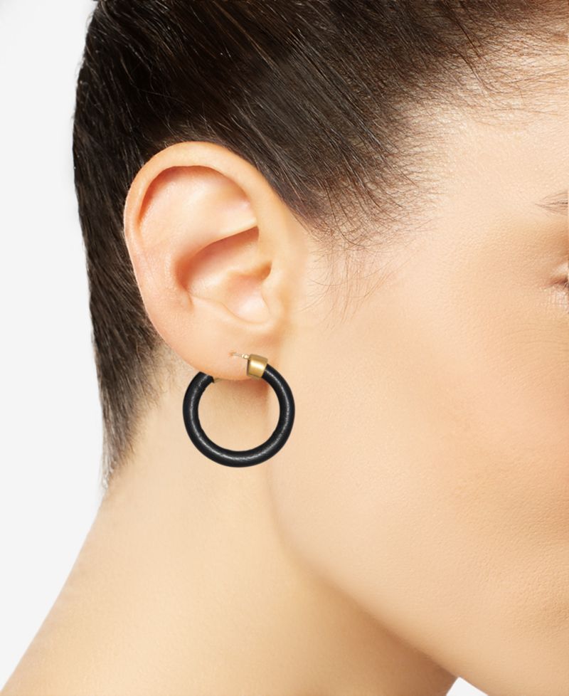Black Leather Gold-Tone Hoop Earrings