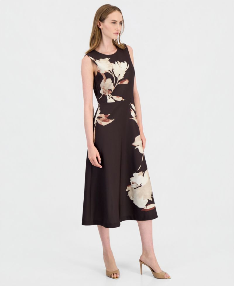 Women's A-Line Printed Scuba Floral Midi Dress