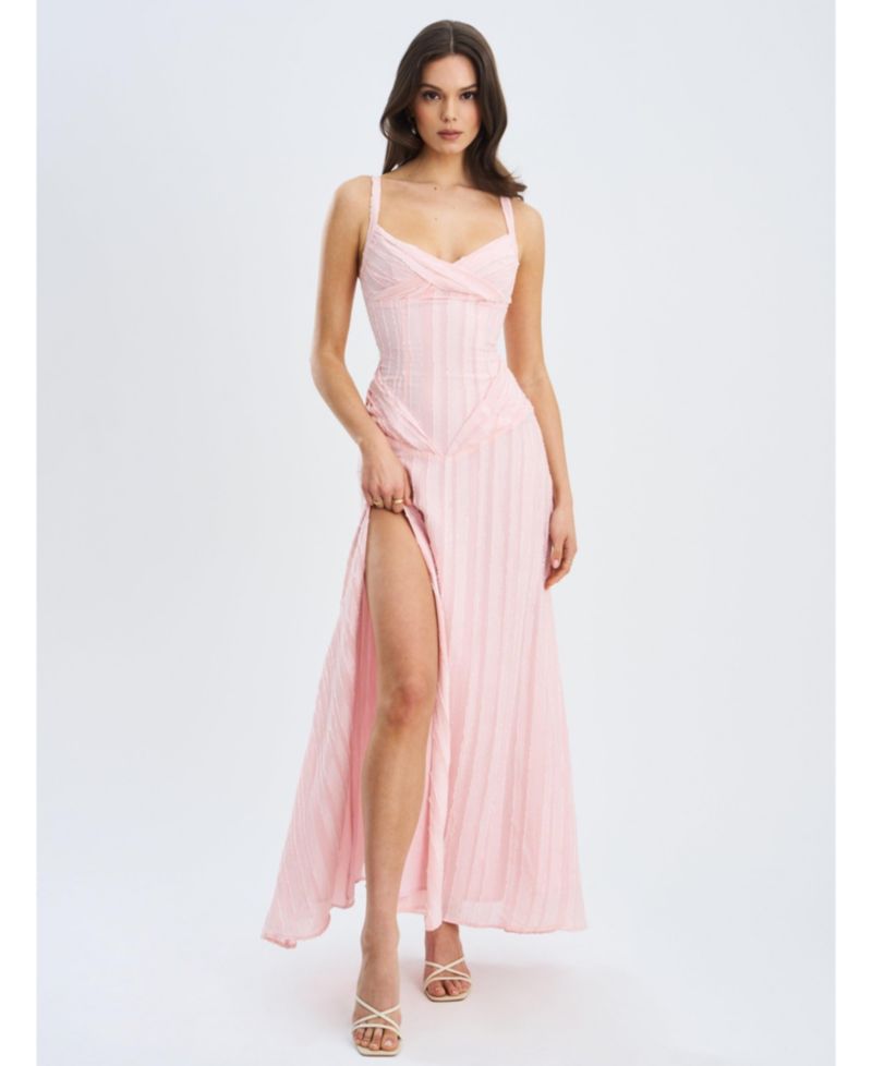 Women's Mallory Baby Pink Stripe Jacquard High Slit Gown