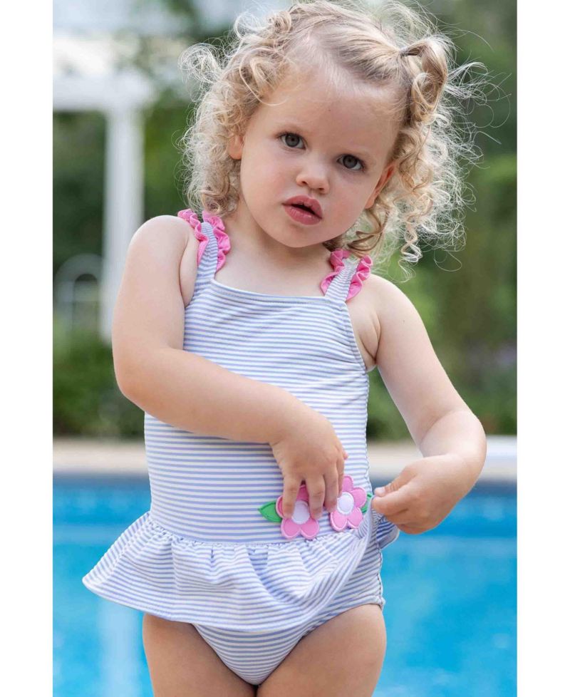 Little Girls Seersucker Swimsuit With Flowers