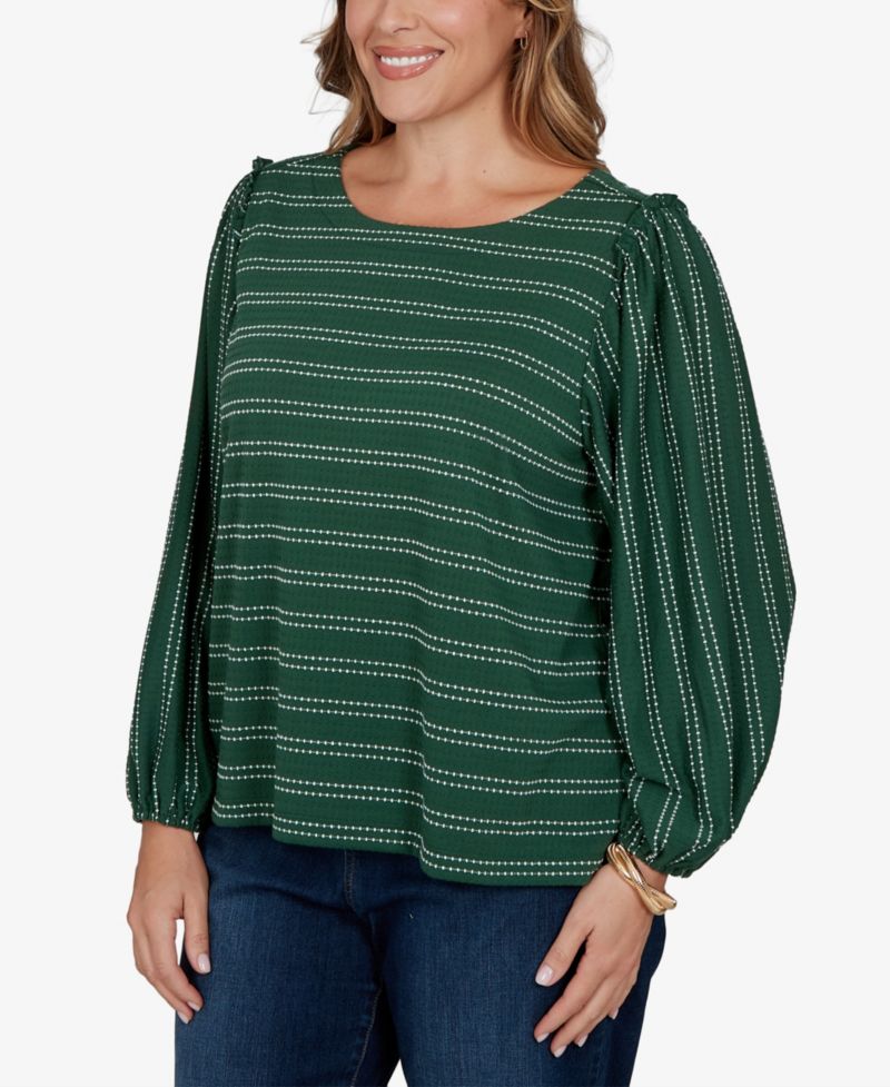 Plus Size Dobby Stripe Long-Sleeve Boat Neck Blouse
