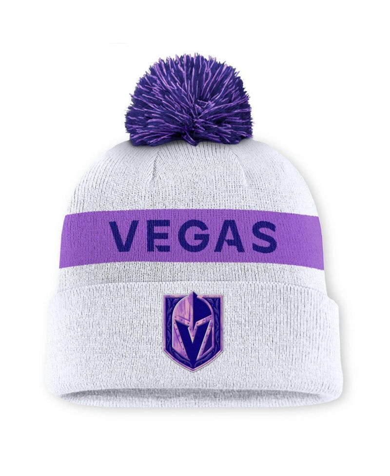 Men's White Vegas Golden Knights Hockey Fights Cancer Cuffed Knit Hat with Pom