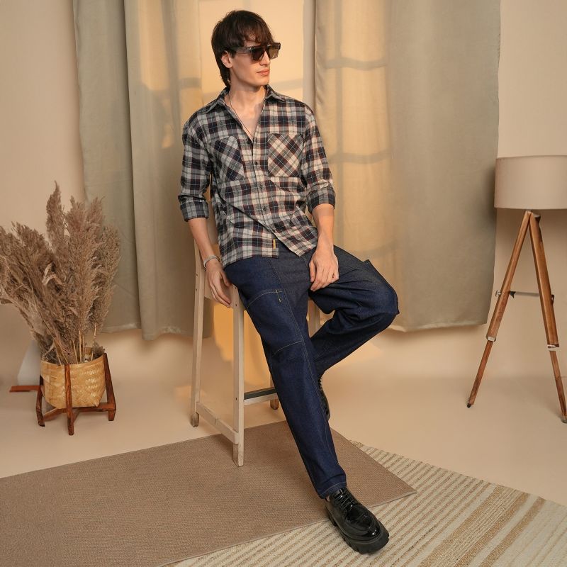 Men's Navy Blue & Cloud Grey Tartan Plaid Shirt