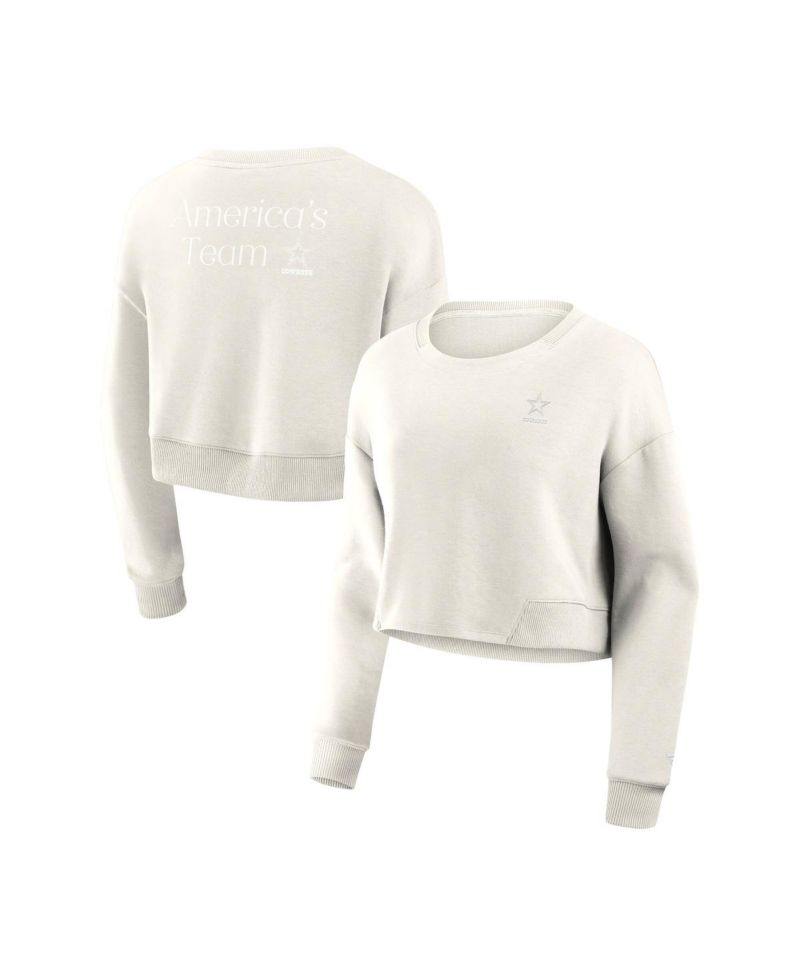 Women's Cream Dallas Cowboys Studio Tri-Blend Cropped Pullover Sweatshirt