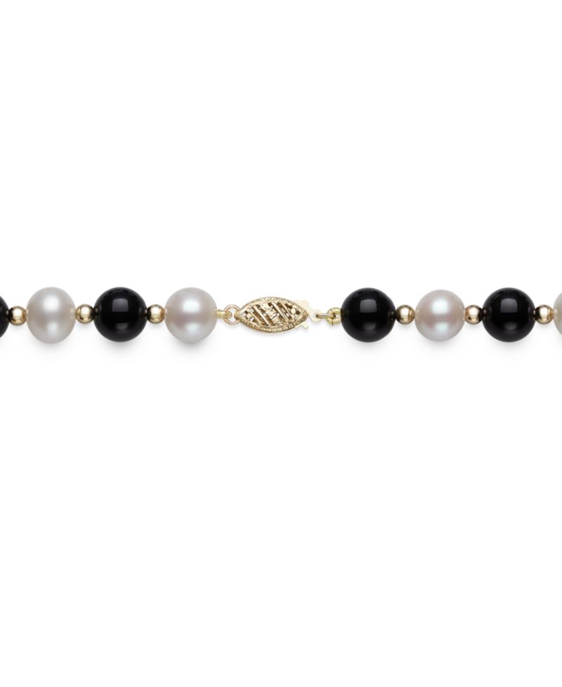 Freshwater Pearl (7.5-8.5mm), Black Onyx and Gold Bead Necklace in 10k Yellow Gold