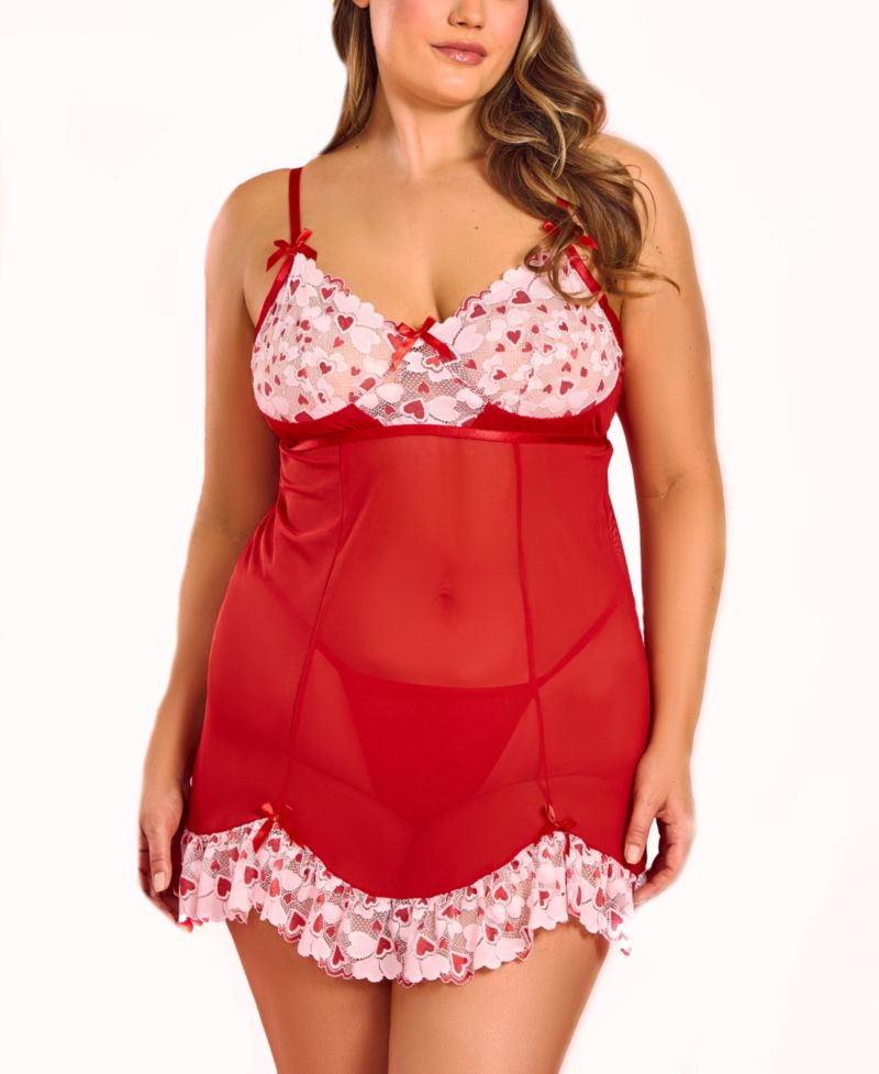 Plus Size 2-Piece Heart Lace and Princess Seam Babydoll Set Lingerie