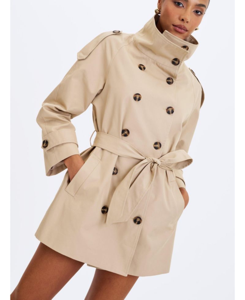 Women's Vanetta Tan High Collar Double-Breasted Trench Mini Coat
