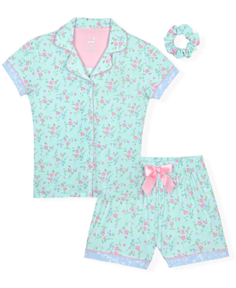 Girls' 7-16 Short-Sleeve Top and Mint Floral Shorts Sleep & Play with Scrunchie, 3-Piece Set