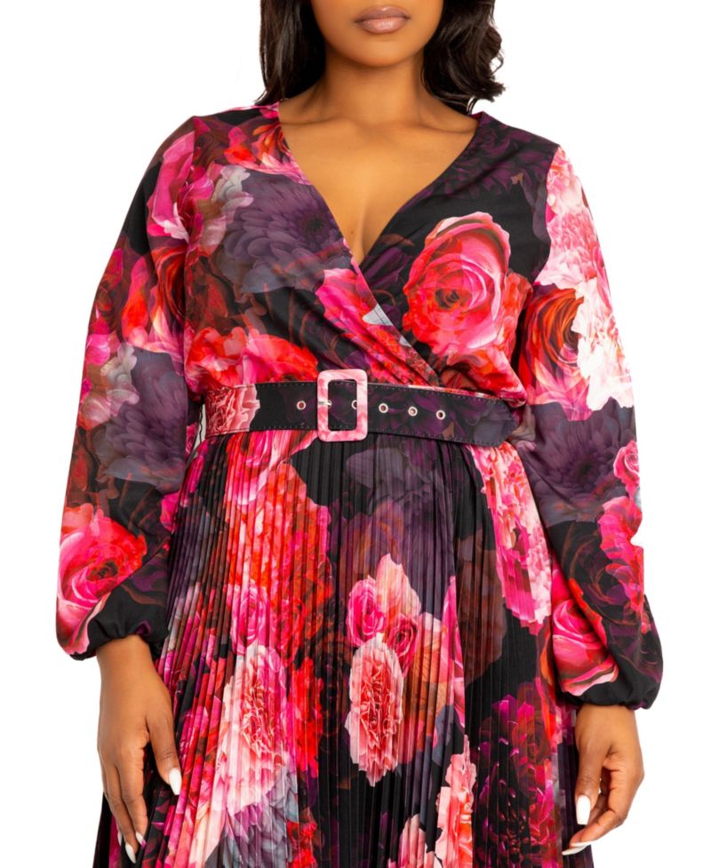 Plus Size Women's Floral Pleated Maxi Dress with Belt