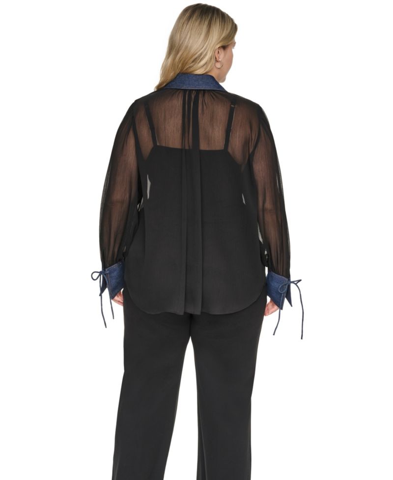 Plus Size Mixed Media Collared Button-Front Top