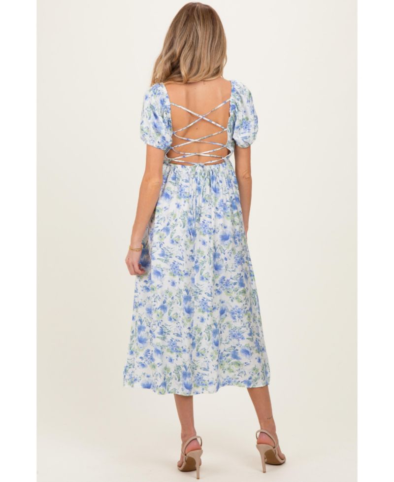 Women's Blue Floral Crisscross Back Midi Dress