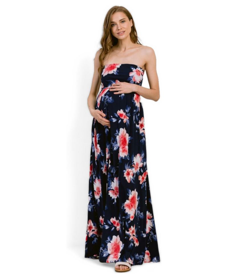 Women's Strapless Empire Waist Floral Maxi Dress with Side Pockets