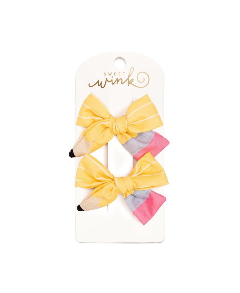 Little and Big Girls School Days Pencil Bow Clip Set