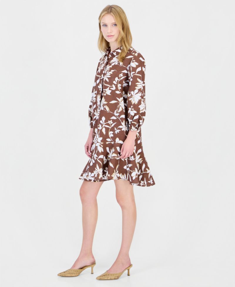 Plus Size 100% Linen Collared Flounce Dress