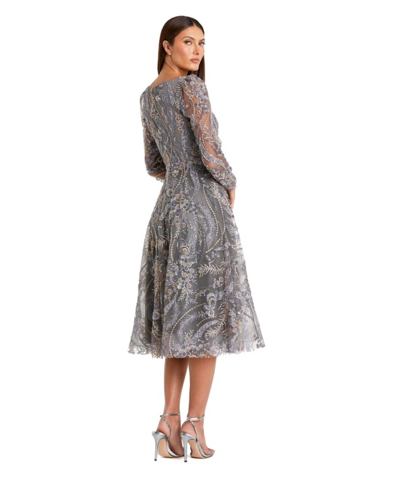 Women's Floral Embroidered Long Sleeve V Neck Midi Dress