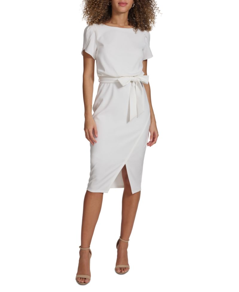 Women's Tulip-Sleeve Tie-Waist Sheath Dress