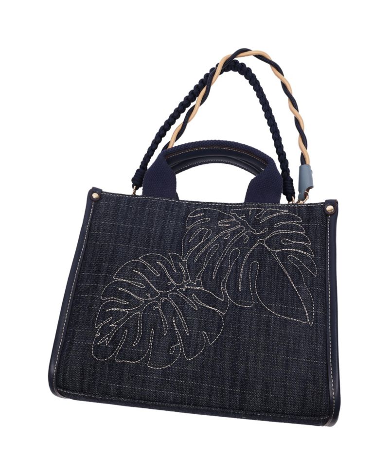 Dorothy Medium Denim Tote - Embroidered Leaf Convertible Top Handle and Crossbody Bag