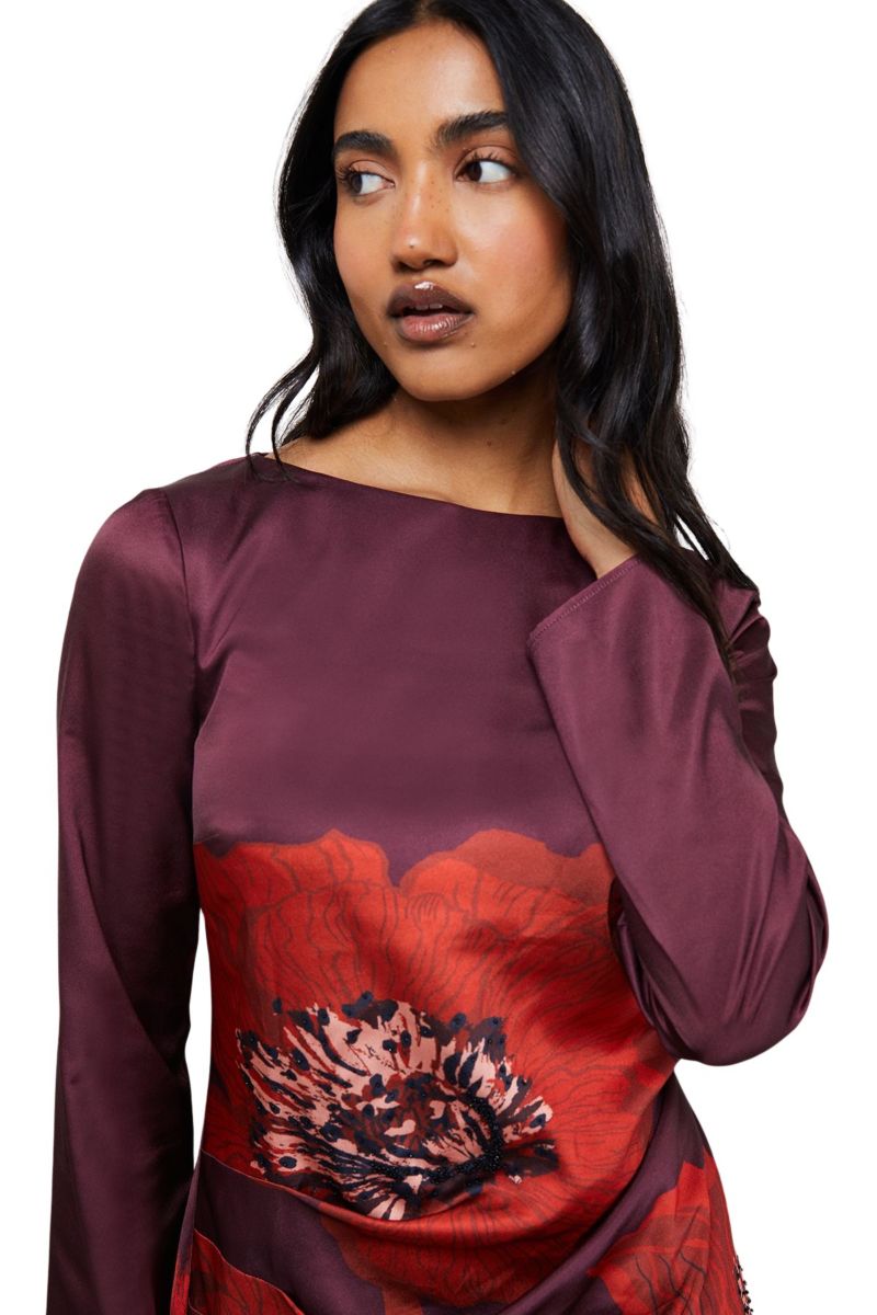 Women's Floral Placement Print Satin Midi Dress