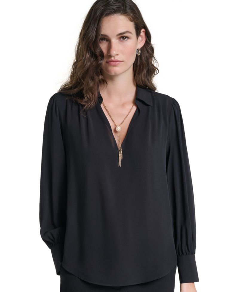 Petite Long-Sleeve Collared Blouse
